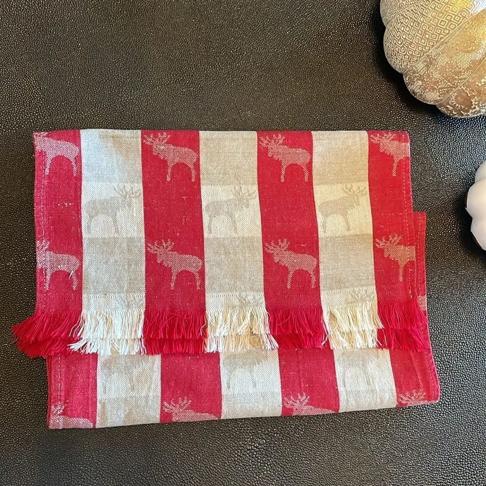 Linen Tablerunner Reindeer woven fabric red/ natural
